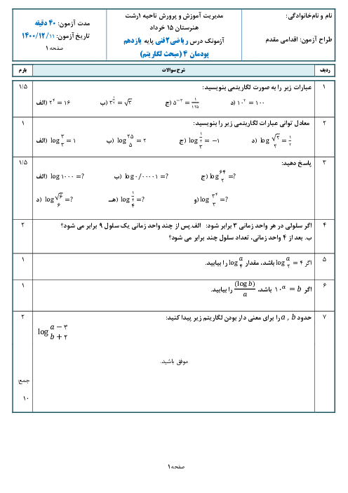 امتحان داخلی ریاضی (2) فنی یازدهم هنرستان پانزده خرداد | پودمان 4: مبحث لگاریتم