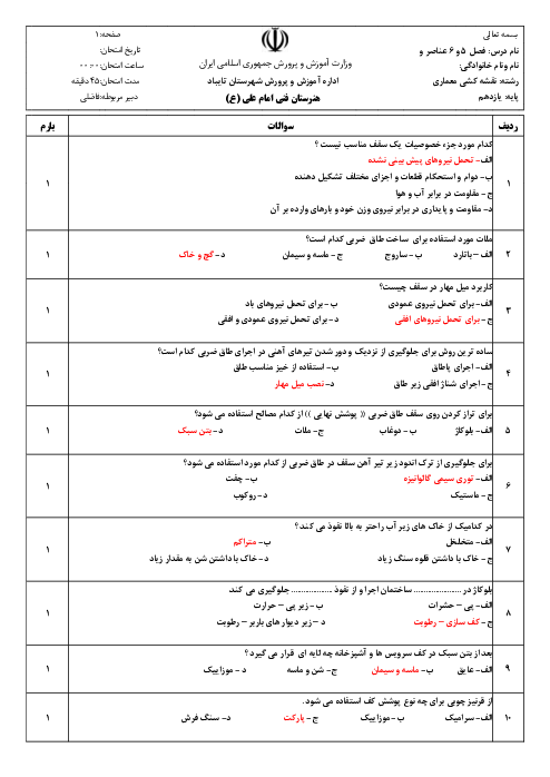 آزمون عناصر و جزییات یازدهم هنرستان امام علی (ع) | فصل 5 و 6