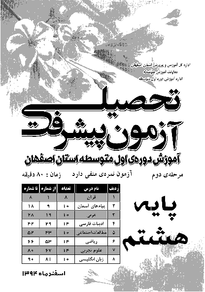 آزمون پیشرفت تحصیلی مرحله دوم  پایه هشتم  استان اصفهان | اسفند 94