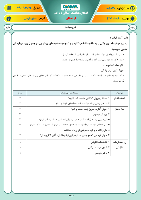 امتحان نوبت دوم انشای فارسی نهم هماهنگ استان کردستان | خرداد 1401