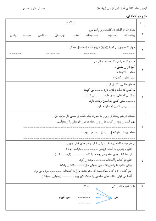 آزمون فارسی دوم دبستان صباغ هرند | فصل 1: نهادها