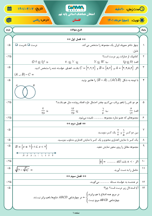 سوالات آزمون نوبت دوم ریاضی نهم هماهنگ استان گلستان | خرداد 1401