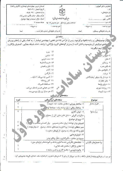 آزمون نوبت اول مهارت های نوشتاری ( نگارش و انشا ) نهم دبیرستان دروه اول پسرانه سادات اصفهان | دی 95