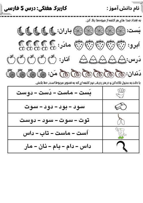 کاربرگ هفتگی درس 5 فارسی کلاس اول ابتدائی | نشانه‌های (ر نـ ن)