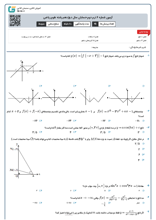آزمون شماره 6 ترم دوم حسابان سال دوازدهم رشته علوم ریاضی