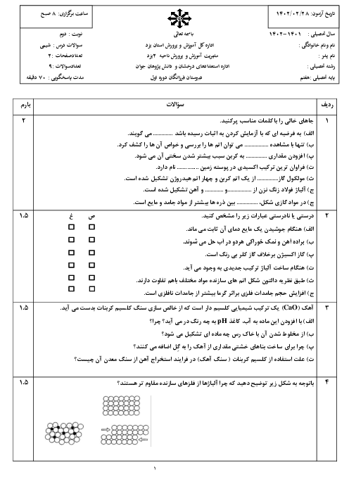 آزمون پایانی شیمی هفتم دبیرستان فرزانگان یزد | خرداد 1402