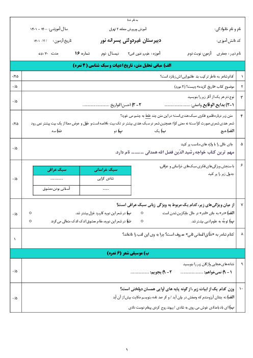 امتحان نوبت دوم علوم و فنون ادبی (2) یازدهم دبیرستان نور | خرداد 1401