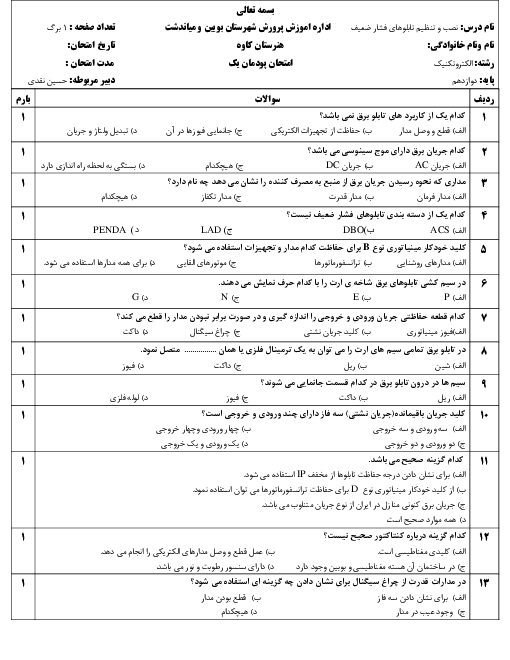آزمون تستی نصب و تنظیم تابلوهای برق فشار ضعیف دوازدهم هنرستان حافظ | پودمان 1: تابلو برق ساده کارگاهی