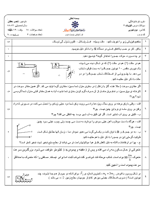 آزمون فیزیک (2) دوم تجربی خرداد 1389 | دبیرستان شهید صدوقی یزد