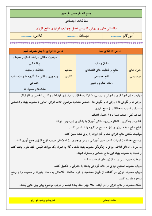 سناریوی تدریس مطالعات اجتماعی کلاس ششم ابتدائی | فصل 4: ایران و منابع انرژی