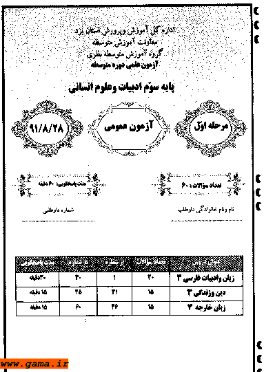 مرحله اول آزمون علمی پایه سوم ادبیات و علوم انسانی با پاسخ تشریحی | استان یزد 1391