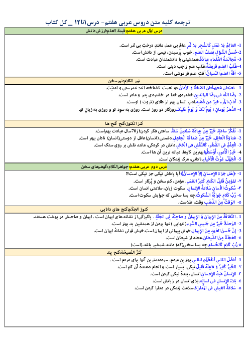 ترجمه کامل متون دروس عربی هفتم | درس 1 تا 10