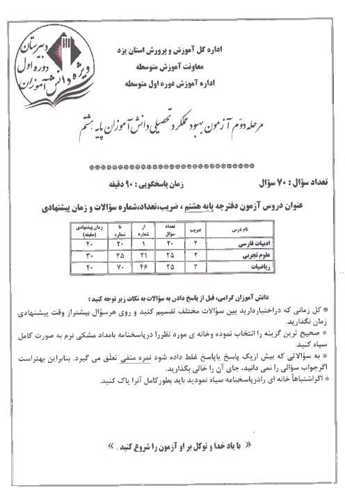 آزمون بهبود عملکرد تحصیلی دانش آموزان پایه هشتم استان یزد | مرحله دوم (اردیبهشت 94)