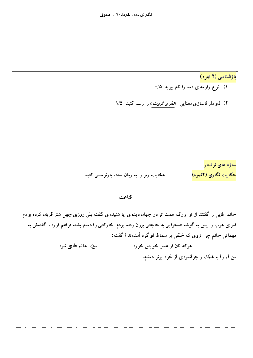 آزمون نوبت دوم نگارش (1) پایه دهم دبیرستان ماندگار شیخ صدوق | خرداد 1396