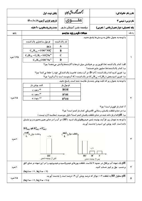 آزمون نوبت اول شیمی (3) پایه دوازدهم ریاضی و تجربی دبیرستان علوی آریاشهر | دی 1400