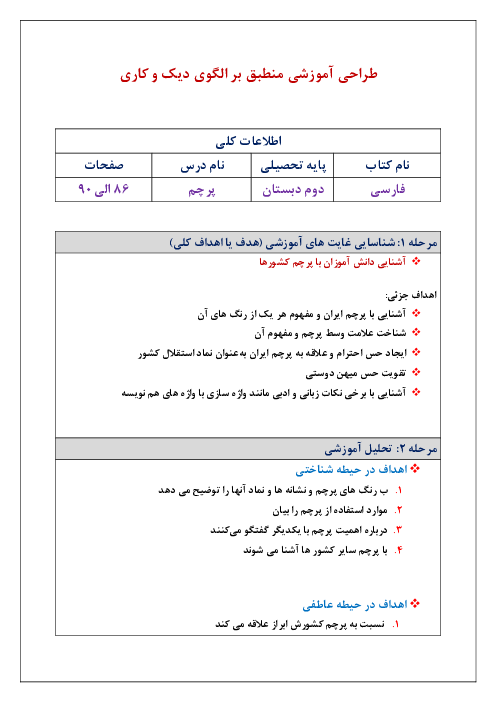 طرح درس روزانه فارسی دوم منطبق بر الگوی دیک و کاری | درس 14: پرچم