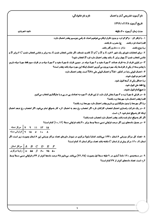 آزمون مستمر آمار و احتمال یازدهم دبیرستان سادات موسوی | فصل 2 و 3: احتمال و آمار توصیفی