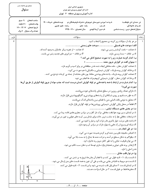 امتحان ترم دوم زیست شناسی (1) دهم دبیرستان دخترانه فرهیختگان نو | خرداد 1400