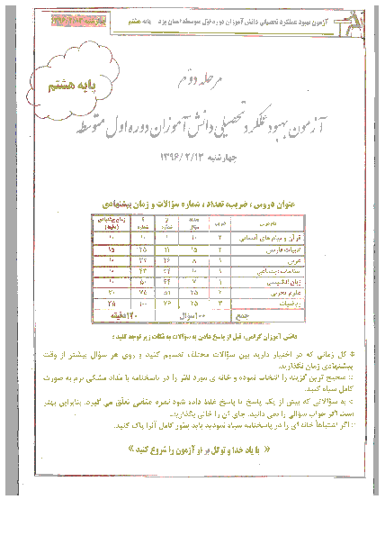 آزمون بهبود عملکرد تحصیلی دانش آموزان پایه هشتم استان یزد | مرحله دوم: اردیبهشت 96 