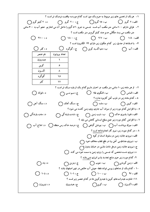 سوالات تستی علوم تجربی هفتم مدرسه لقمان حکیم اصفهان | فصل 1 تا 12 + کلید