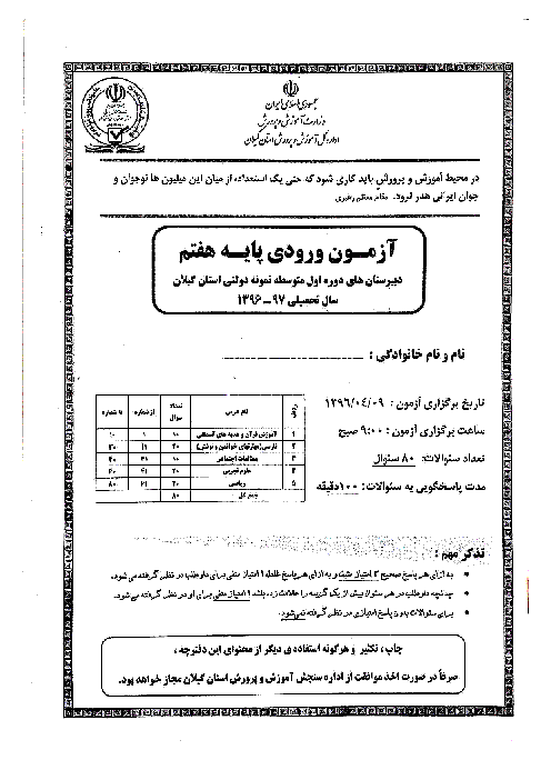 آزمون ورودی پایه هفتم مدارس نمونه دولتی دوره اول متوسطه استان گیلان | تیر 1396