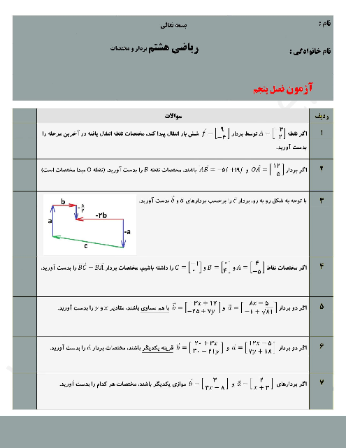 آزمونک ریاضی هشتم  | فصل 5: بردار و مختصات
