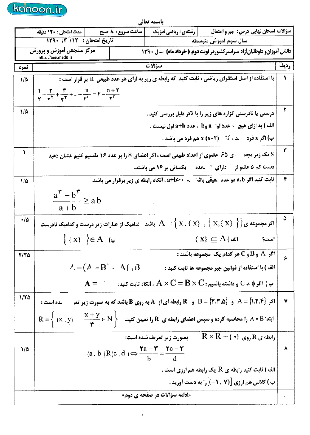 سوالات امتحان نهایی جبر و احتمال-خرداد 1390