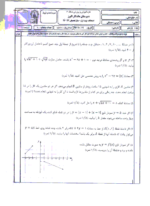 آزمون نوبت اول حسابان (1) یازدهم دبیرستان ماندگار البرز | دی 1396 + پاسخ