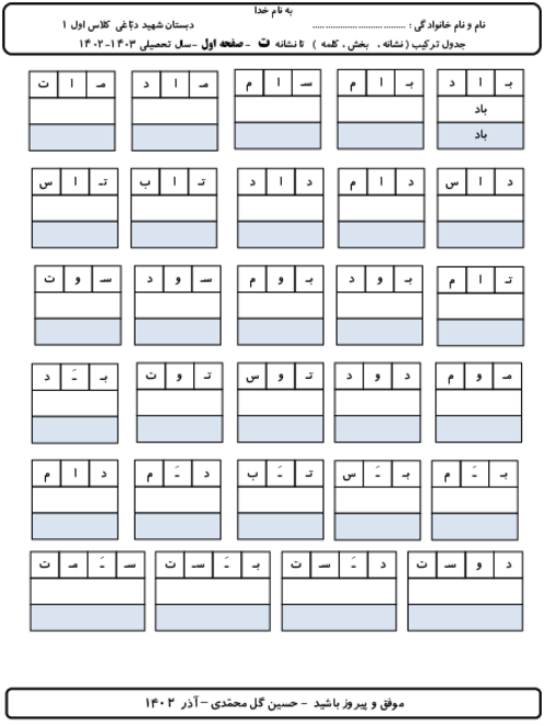 جدول تجزیه و ترکیب کلمات تک بخشی و دو بخشی تا نشانه تـ ت 