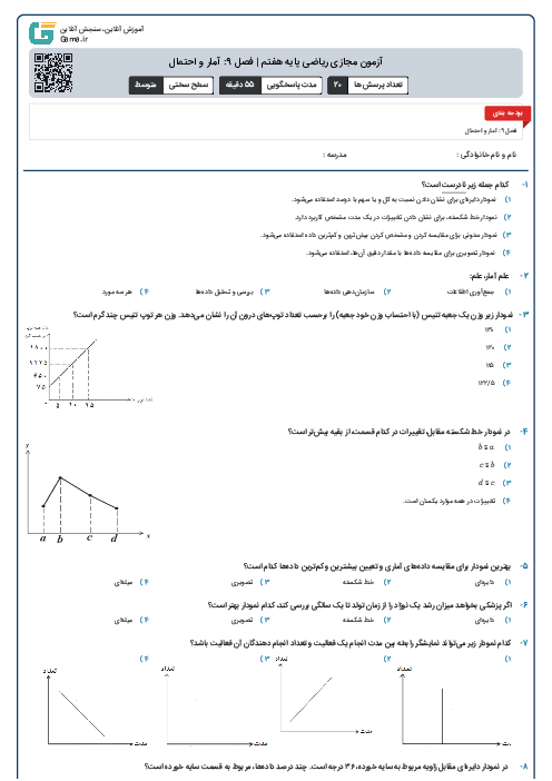 آزمون مجازی ریاضی پایه هفتم | فصل 9: آمار و احتمال