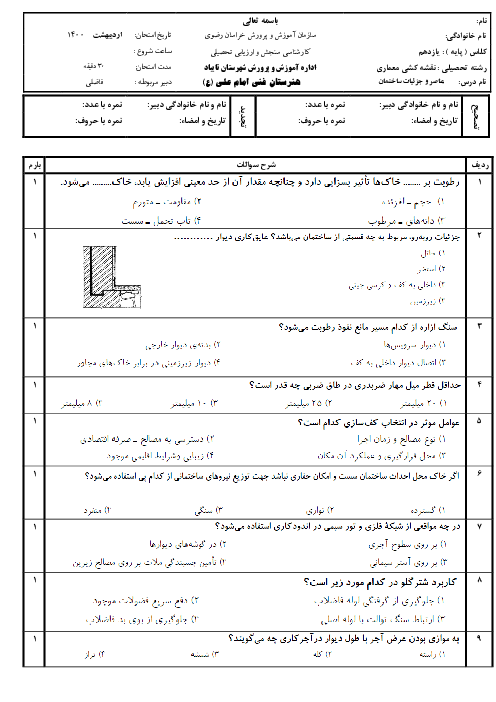 ارزشیابی مستمر عناصر و جزییات یازدهم هنرستان امام علی (ع) | فصل 1 تا  10