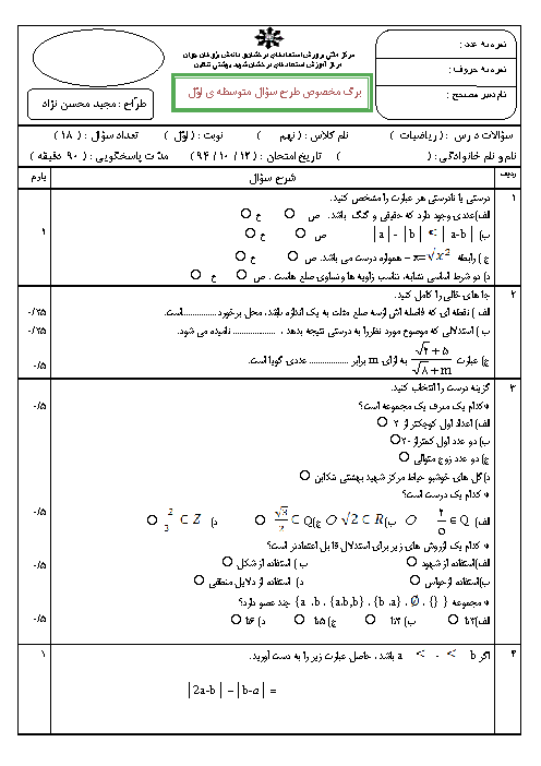 آزمون نوبت اول ریاضی نهم استعدادهای درخشان مدرسه شهید بهشتی | دی 1394