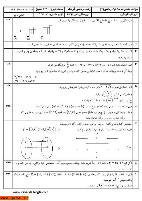 امتحان نوبت اول ریاضی (2) دی 1393 | دبیرستان ثامن الائمه