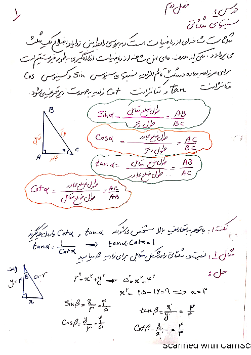 جزوه آموزشی دست نویس ریاضی (1) دهم | فصل 2: مثلثات