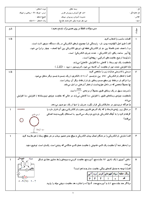 امتحان نوبت اول فیزیک (2) یازدهم دبیرستان امام محمد باقر سپیدان | دیماه 96