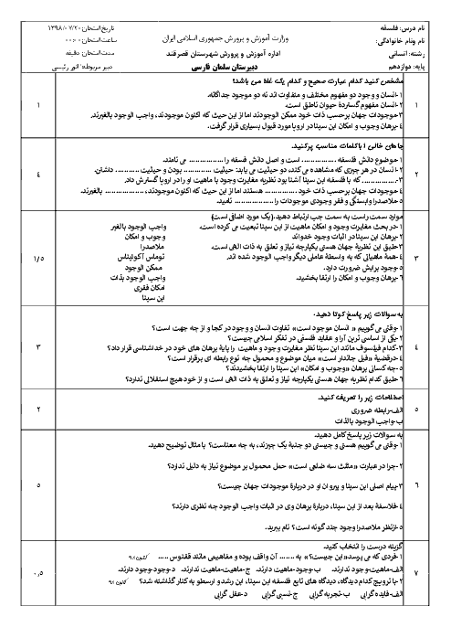 سوالات امتحان درس 1 و 2 فلسفه دوازدهم دبیرستان سلمان فارسی | مهرماه 98