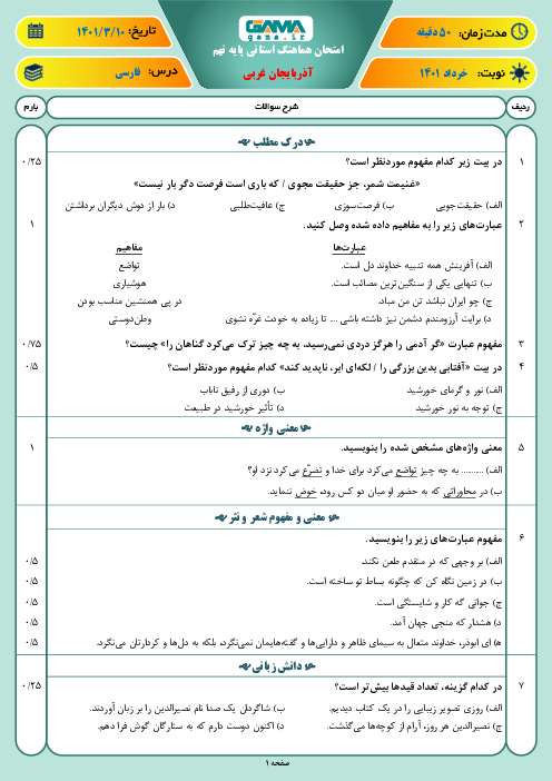 سوالات آزمون نوبت دوم فارسی نهم هماهنگ استان آذربایجان غربی | خرداد 1401