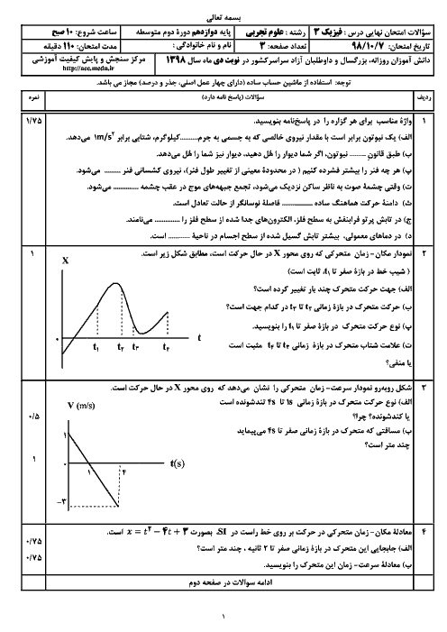 سؤالات امتحان نهایی درس فیزیک (3) دوازدهم رشته تجربی | نوبت دی 98