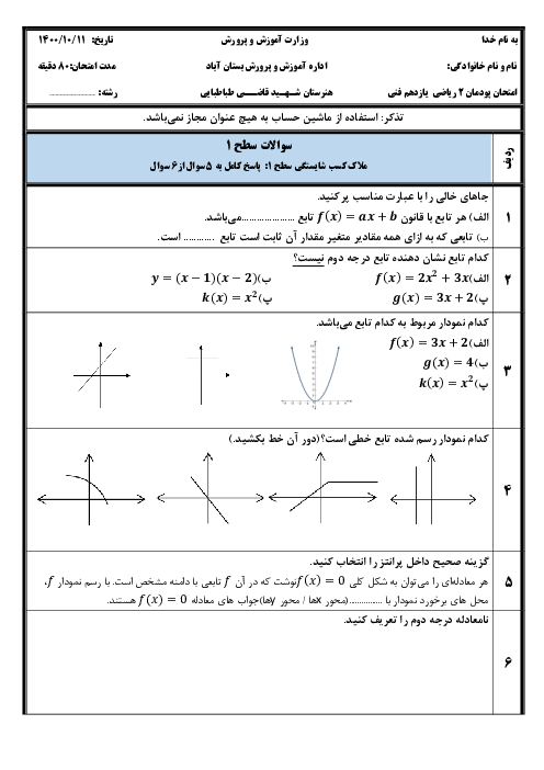 آزمون پودمانی ریاضی (2) فنی یازدهم هنرستان شهید قاضی طباطبایی | پودمان 2: تابع‌های خطی