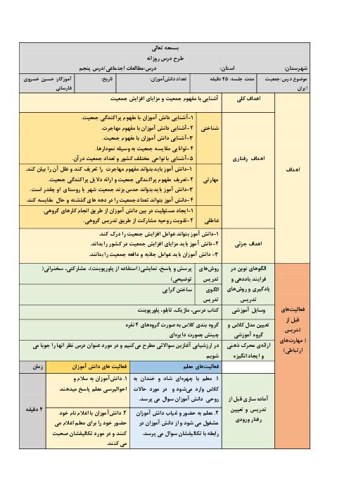 طرح درس روزانه مطالعات اجتماعی پنجم دبستان | درس 5: جمعیت ایران