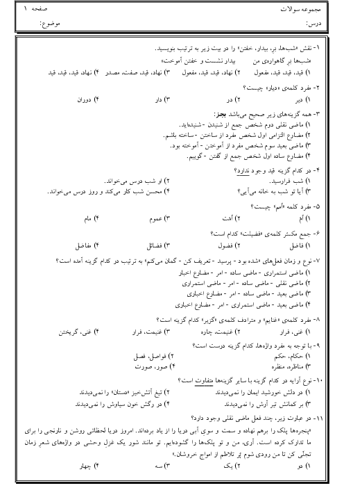 سوالات تستی دانش های ادبی و زبانی دروس 9 تا 12 فارسی نهم