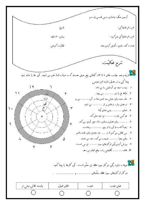آزمون عملکردی کلمه سازی و تکمیل جدول فارسی پایه دوم دبستان 