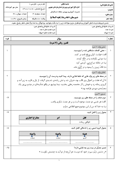 سوالات آزمون نوبت اول فارسی (1) دهم دبیرستان امام رضا (ع) | دی 1400
