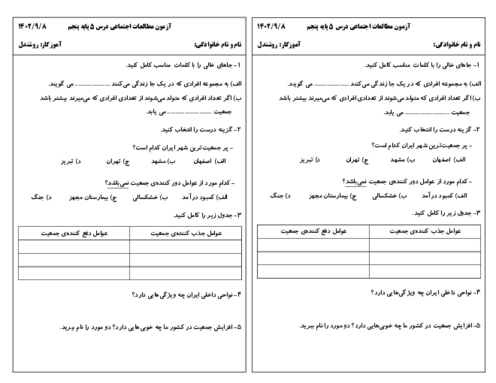 آزمون درس 5: جمعیت ایران | مطالعات اجتماعی پایه پنجم دبستان رحمت