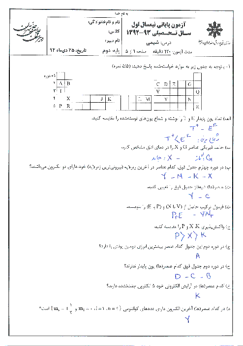 آزمون شیمی (2)- دبیرستان علامه حلی تهران- دی 1392