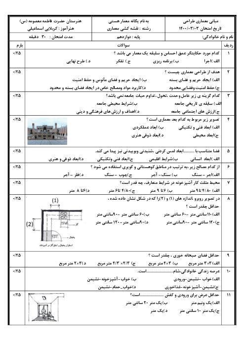 سوالات آزمون تئوری نوبت دوم مبانی طراحی معماری دوازدهم هنرستان حضرت فاطمه معصومه (ع) | خرداد 1400