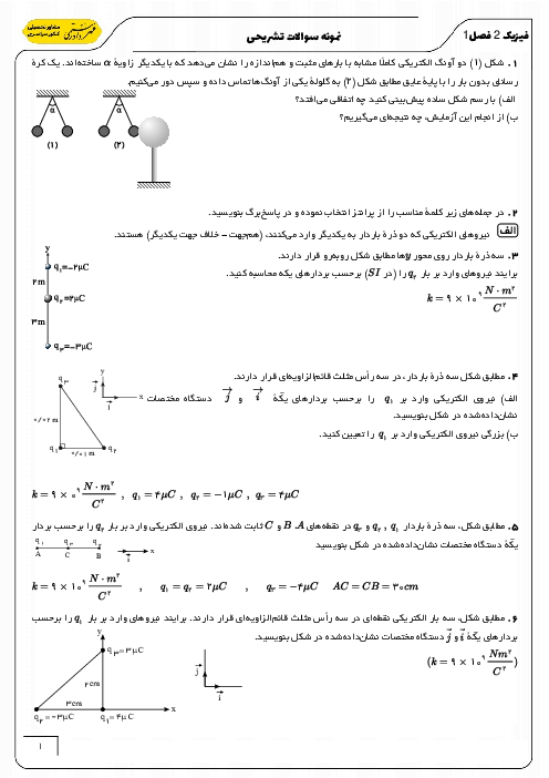 مجموعه مسائل و تمرین های تشریحی فیزیک (2) یازدهم | فصل 1: الکتریسیته ساکن