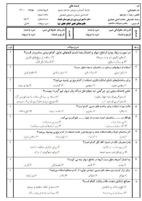 آزمون نوبت دوم عناصر و جزییات یازدهم هنرستان امام علی (ع) | خرداد 1400