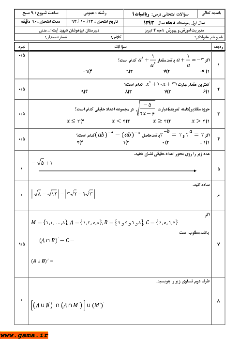 سوالات امتحانی درس ریاضیات (1) | دبیرستان تیزهوشان آیت الله مدنی دی 1393