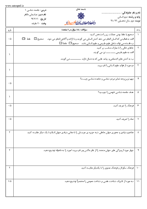 امتحان جامعه شناسی (1) دوم انسانی خرداد 1392 | دبیرستان شهید صدوقی یزد